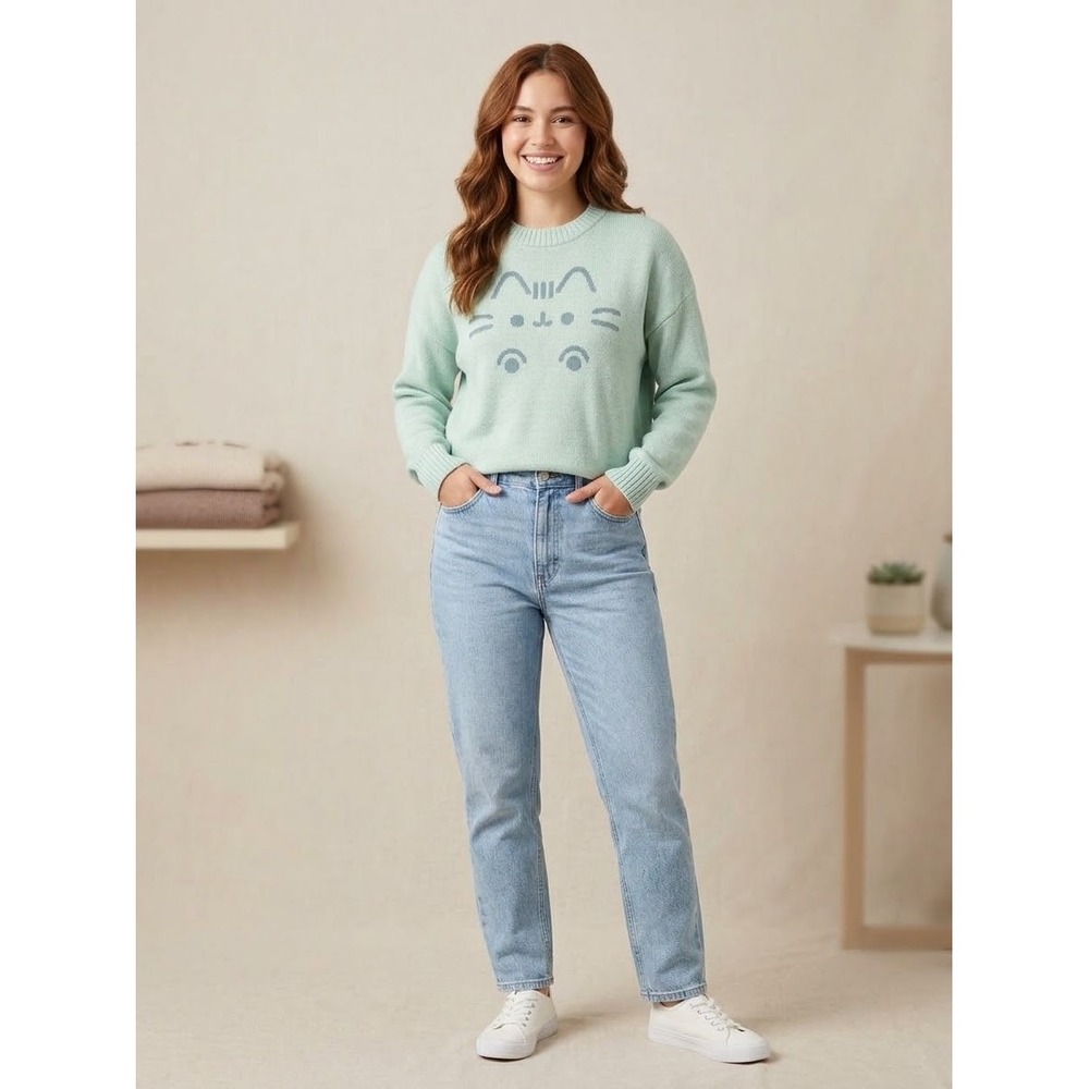 Pusheen Box Exclusive Mint Green Oversized Cat Face Knit Sweater Large New